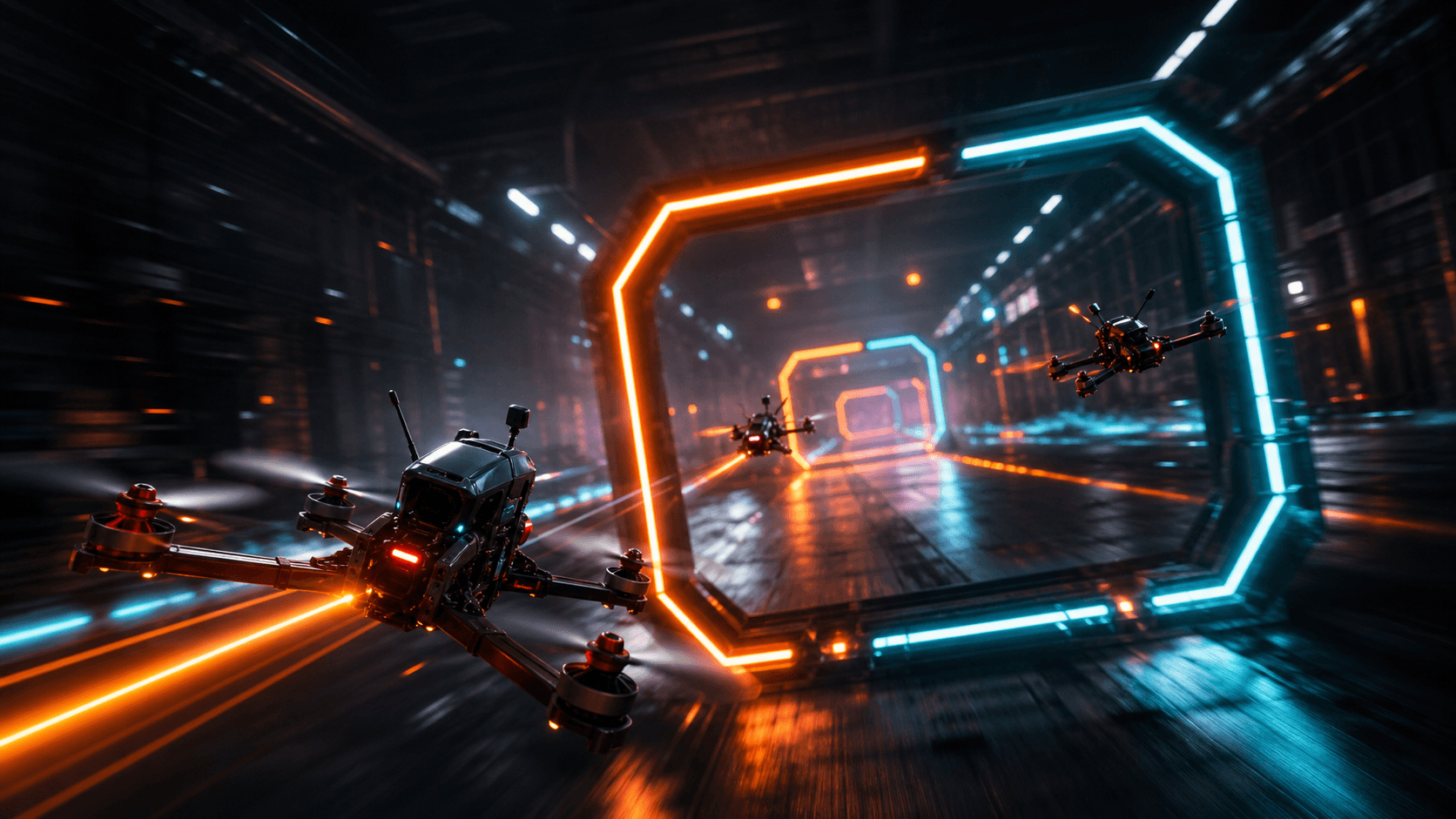 FPV racing quads flying through illuminated gates