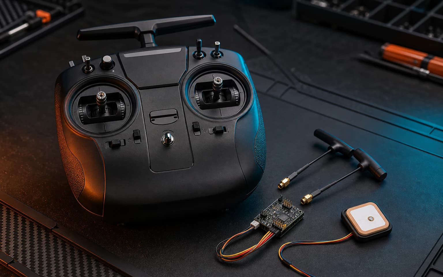 FPV radio, receiver, and GPS telemetry concepts in a dark tactical layout